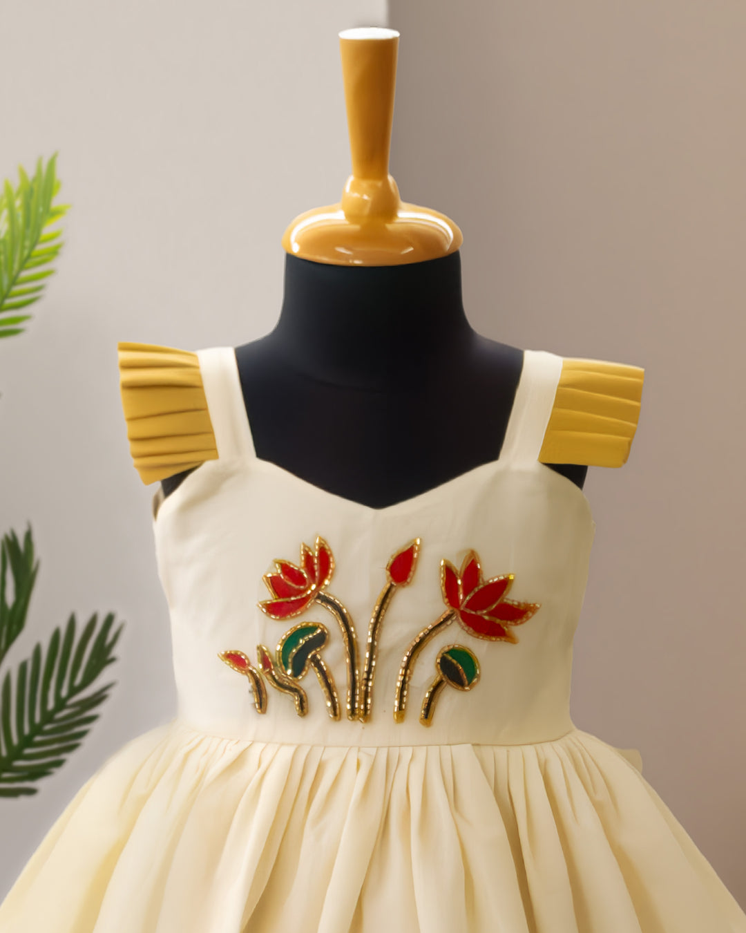 Stanwells Kids Kerala Kasavu frock for girls cream golden Onam traditional dress