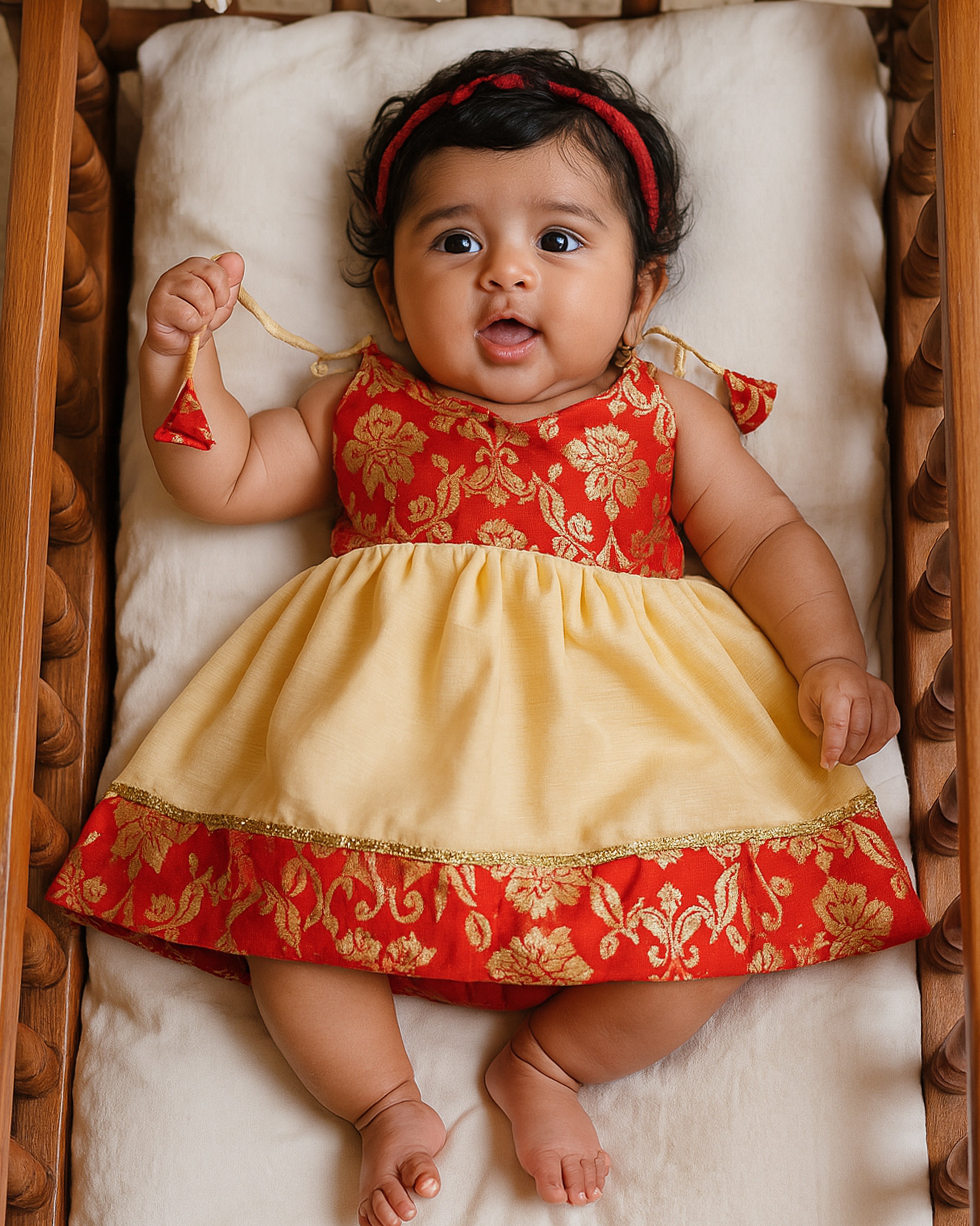 Gold and Red Shade New Born Baby Silk Frock for Naming Ceremony