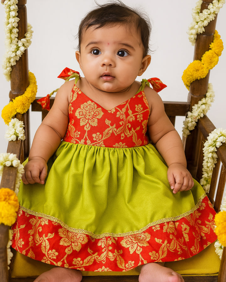 Green & Red Shade New Born Baby Silk Frock for Naming Ceremony Frock