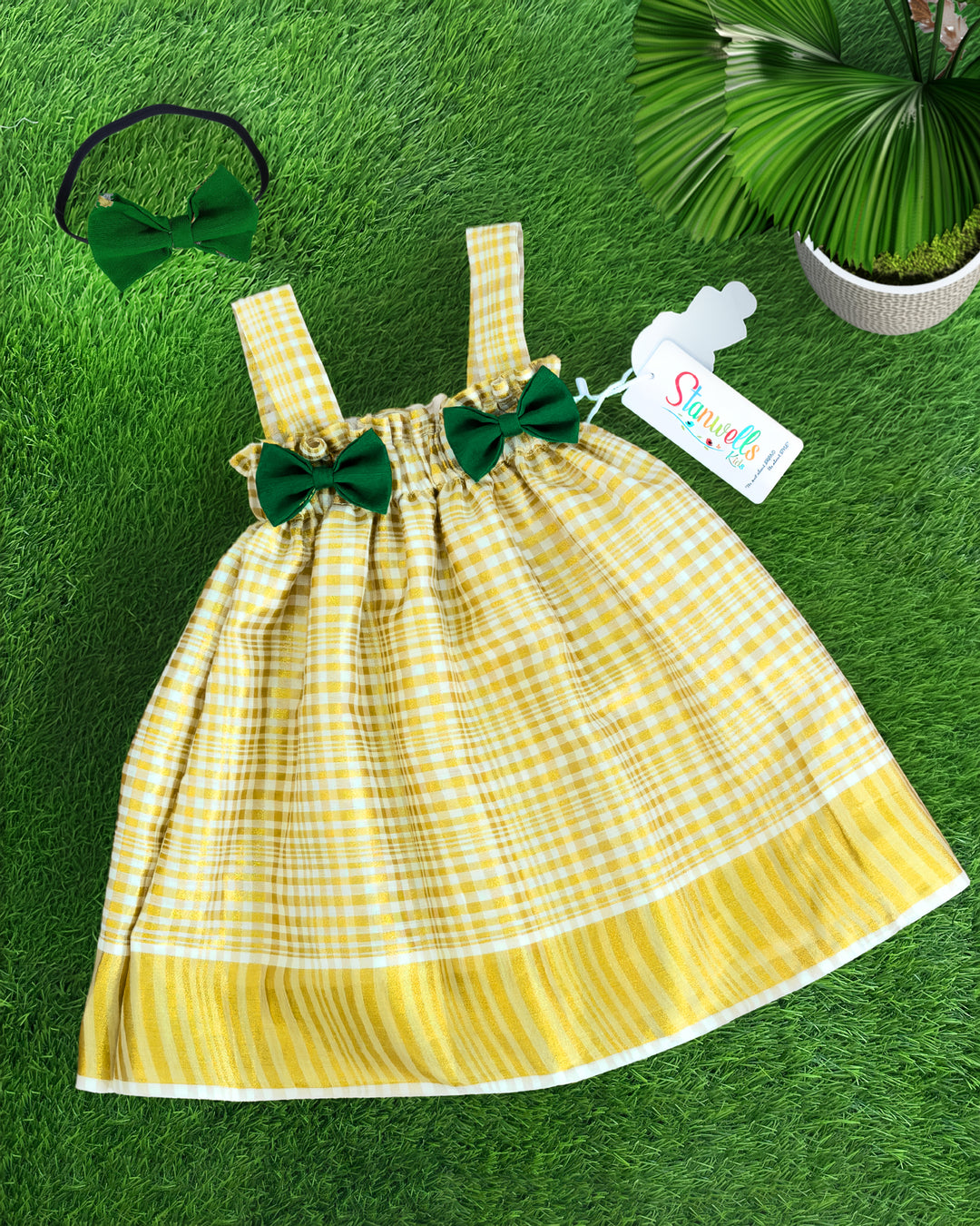 Stanwells Kids newborn frock for baby girl cream green matching headband dress