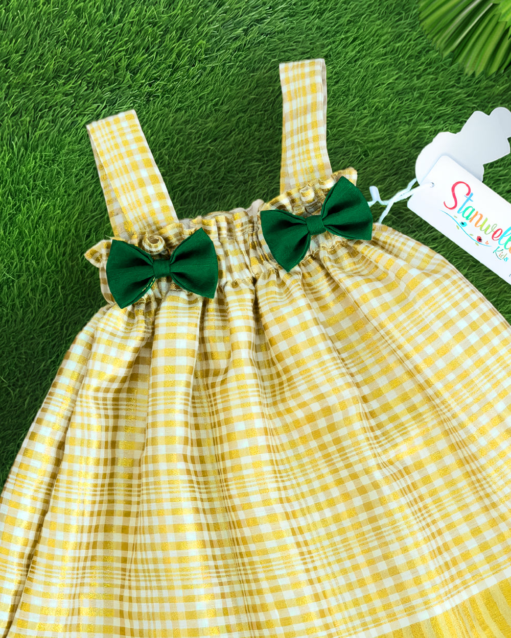 Stanwells Kids newborn frock for baby girl cream green matching headband dress