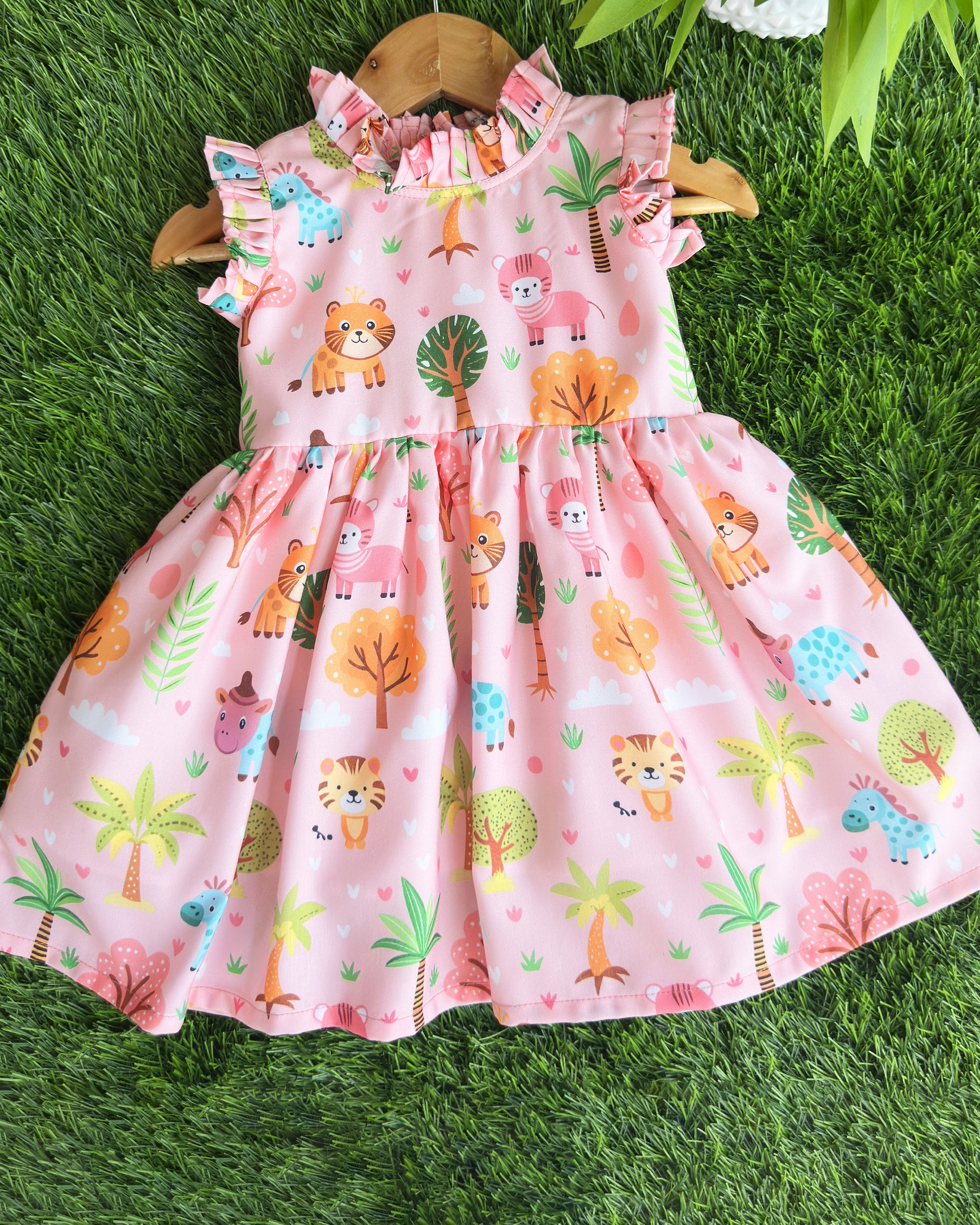 pink animal print baby girls birthday dress

rayon birthday frock for baby girl

animal print casual frock for kids

baby girls partywear birthday dress

Stanwells Kids pink animal print dress