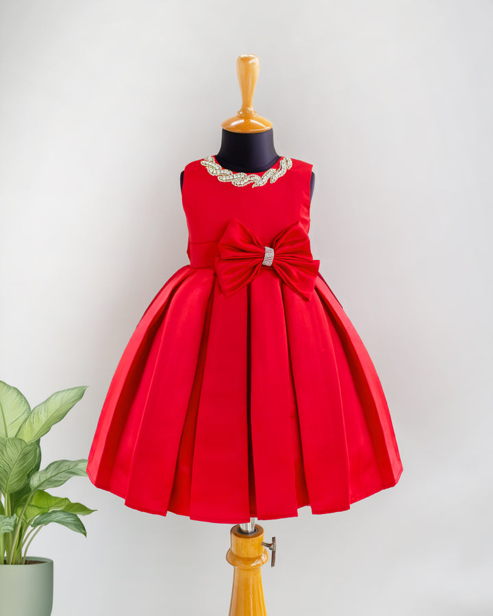 Stanwells Kids red party wear frock for girls satin stone work dress