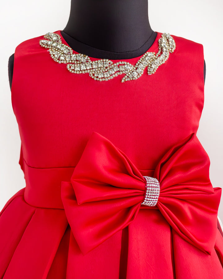 Stanwells Kids red party wear frock for girls satin stone work dress