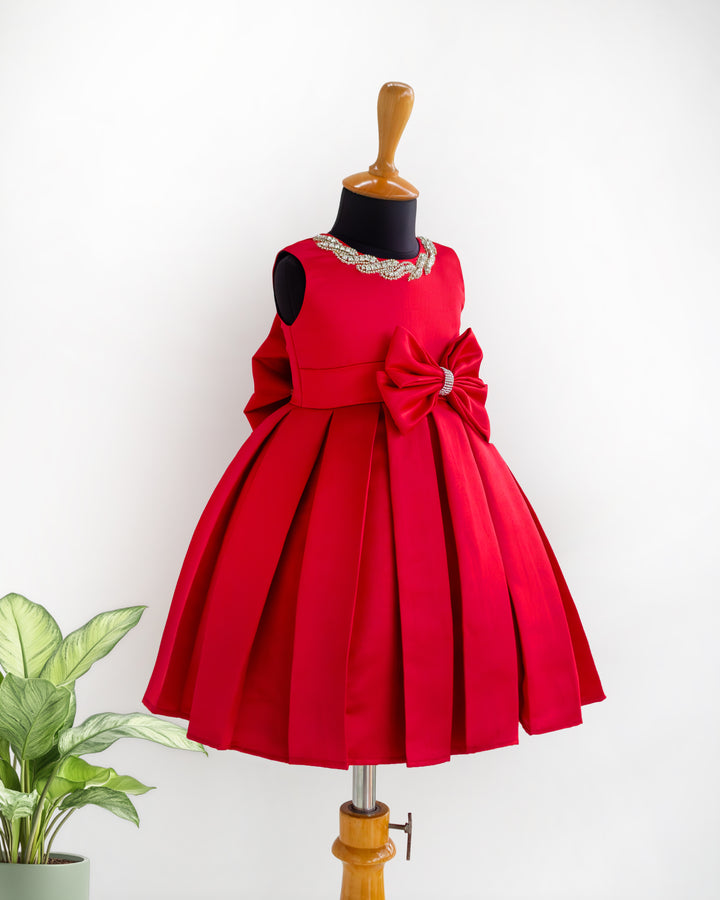 Stanwells Kids red party wear frock for girls satin stone work dress