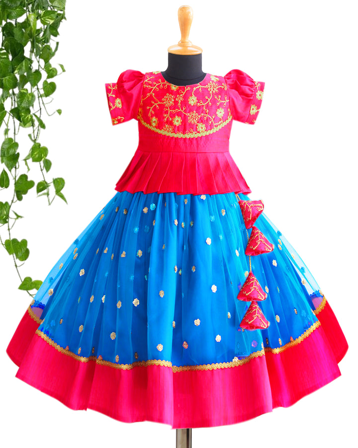 Sky Blue & Pink Combo Baby-Girl Readymade Sequins Embroidery South Indian Lehenga Choli