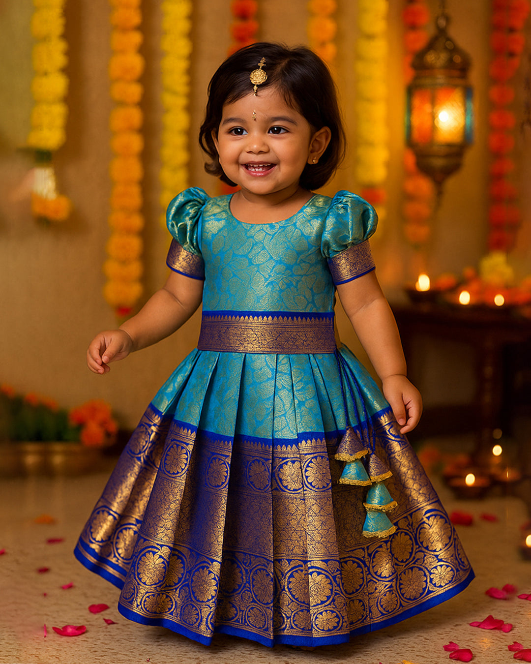 Peacock blue Banarasi silk lehenga choli for baby girls

Traditional puff sleeve dress for kids

Banarasi silk birthday dress for girls

Baby girls ethnic wear lehenga

Festive partywear dress for toddlers

Peacock blue traditional frock for baby girls

Stanwells Kids Banarasi birthday collection