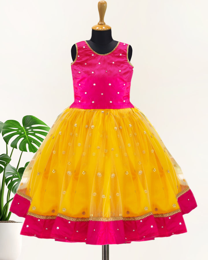 Yellow and magenta mirror work lehenga choli for baby girls

South Indian traditional birthday dress for girls

Mirror work festive wear lehenga choli

Baby girls ethnic partywear dress

Designer lehenga choli set for toddlers

Kids traditional outfit yellow magenta

Stanwells Kids festive birthday dress
