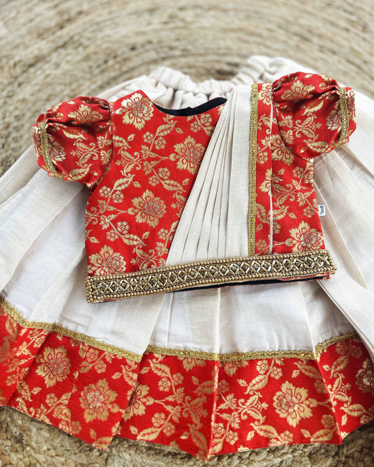 Copper Gold & Red Jaquard Semi-Dhavani Type Handwork Traditional Silk 