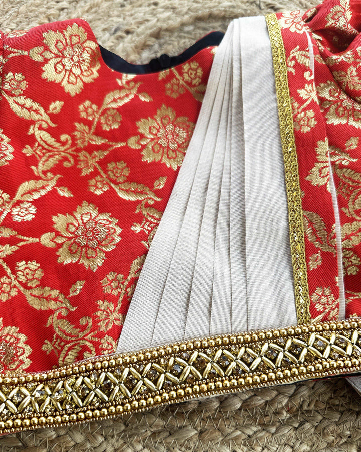 Copper Gold & Red Jaquard Semi-Dhavani Type Handwork Traditional Silk 