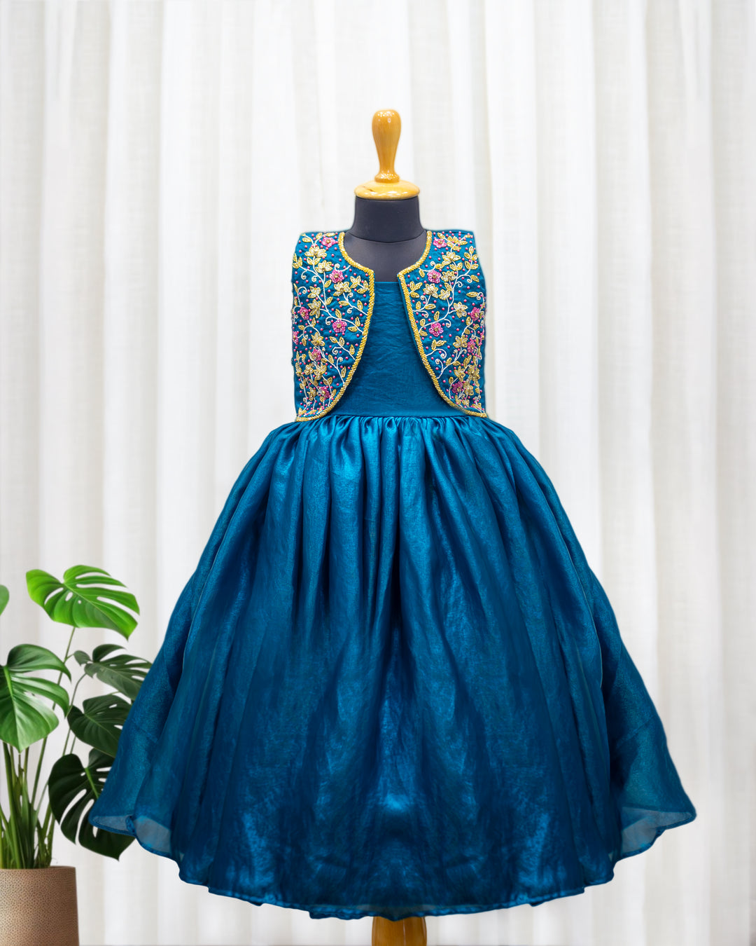 Teal blue ethnic gown for baby girls, handwork jacket partywear, premium birthday dress, Stanwells Kids