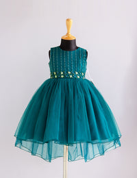 Teal Blue Handwork Partywear Baby Girls Up & Down Tail Frock