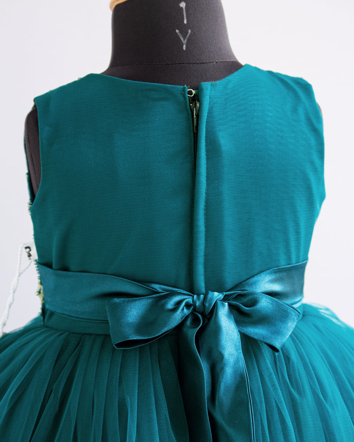 Teal Blue Handwork Partywear Baby Girls Up & Down Tail Frock