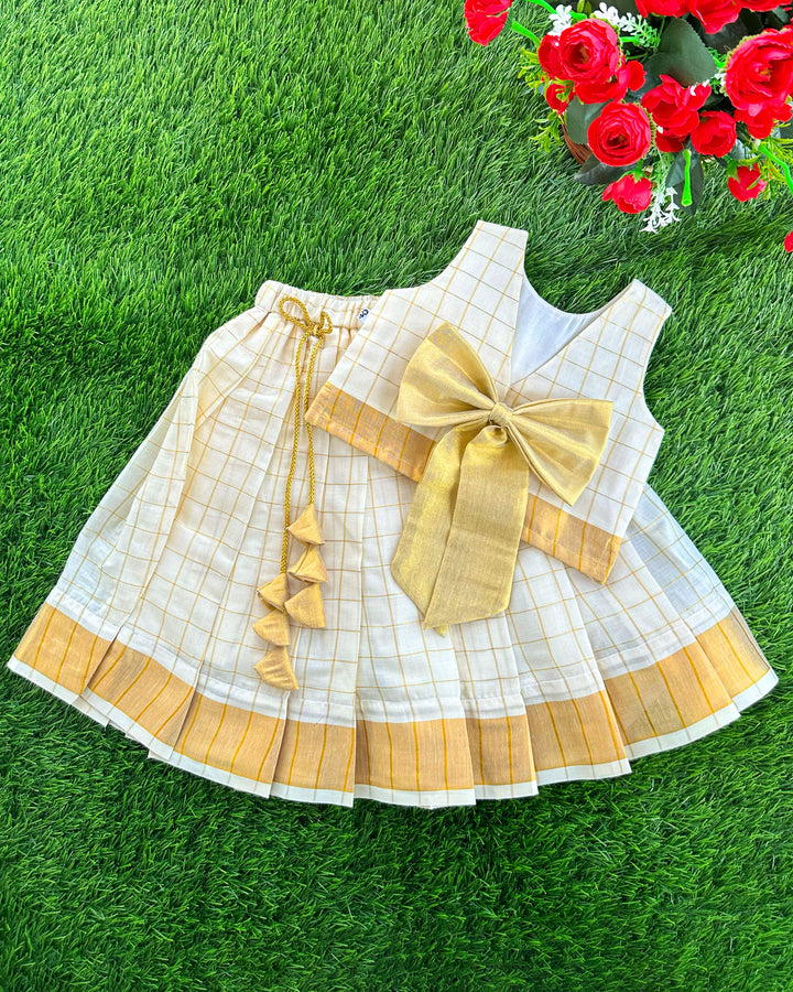 Cream & Golden Check Onam Special Kerala Kasavu Lehenga Choli