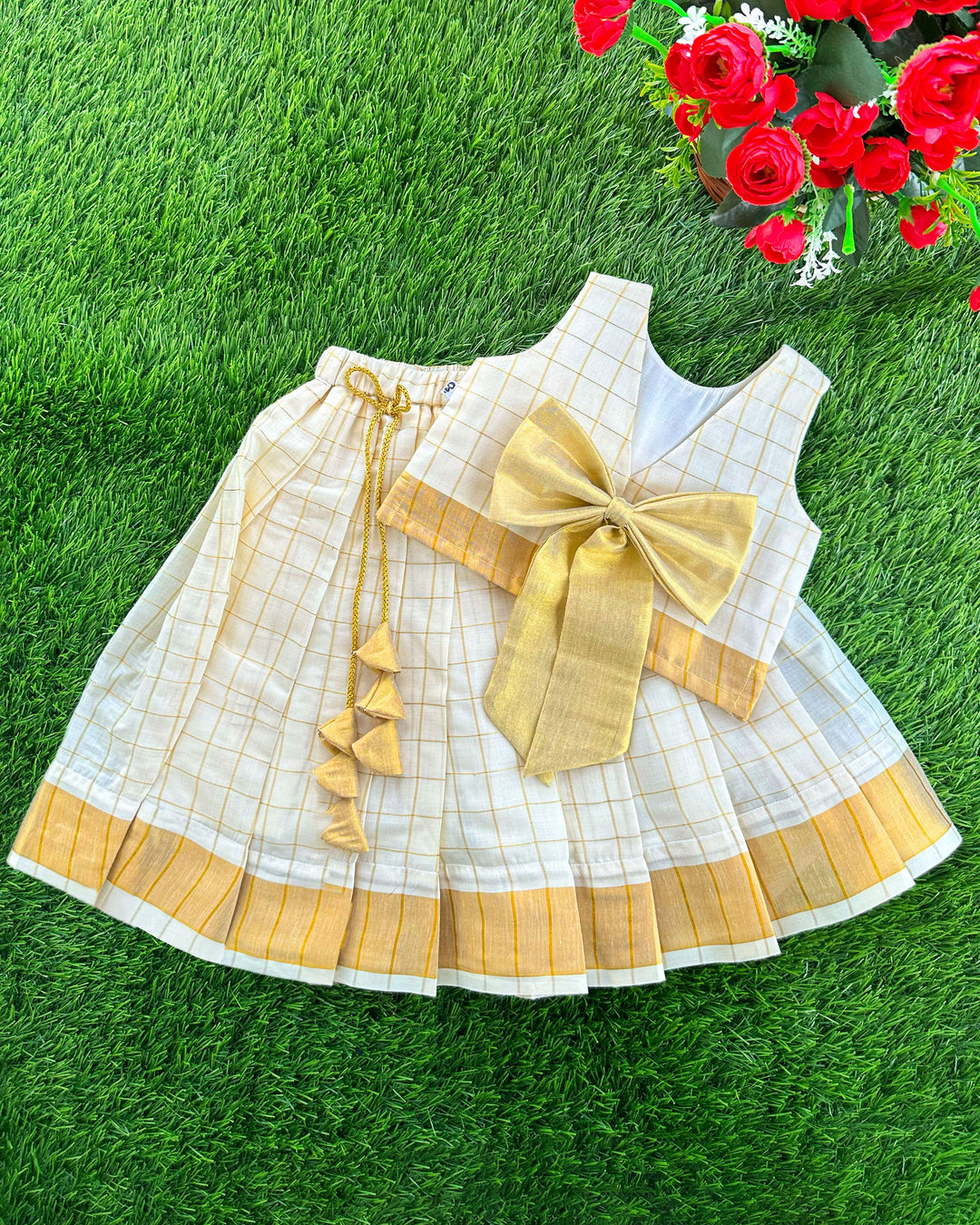 Cream & Golden Check Onam Special Kerala Kasavu Lehenga Choli