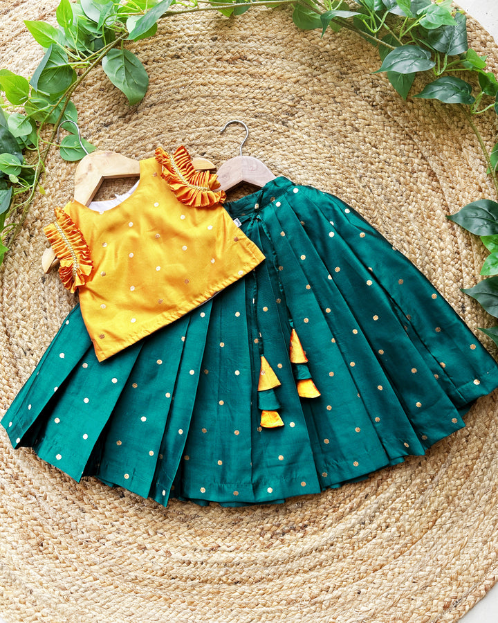 baby girls turquoise green mango yellow silk birthday dress lehenga choli traditional ethnic outfit festive wear