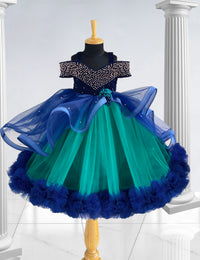 Turquoise Green & Navy Blue Shade Heavy Party Wear Birthday Full Gown
