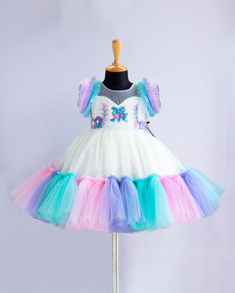 Offwhite Shade Floral Handwork Unicorn Theme Party Perfect Frock