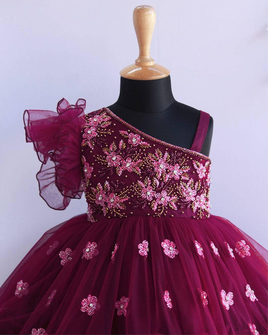 Purple vine handwork frock side view baby girl – Stanwells Kids