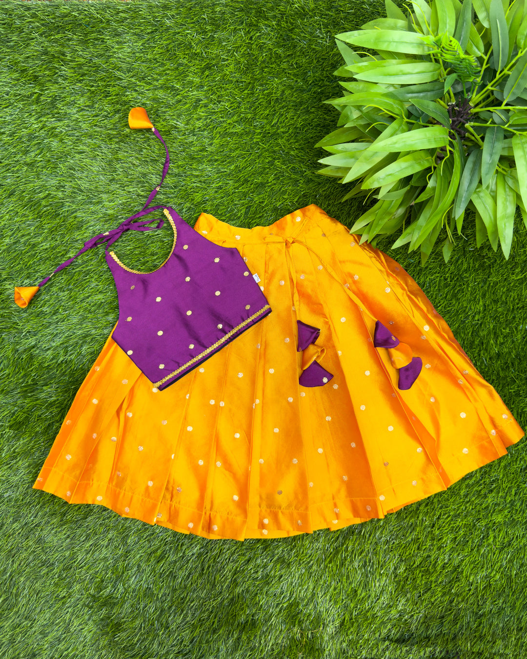 Violet mango yellow silk lehenga choli for baby girls, festive ethnic wear, birthday dress for girls, traditional kids outfit