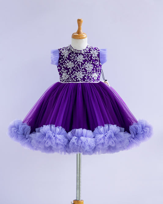 Violet lavender high neck handwork frock front view baby girl – Stanwells Kids