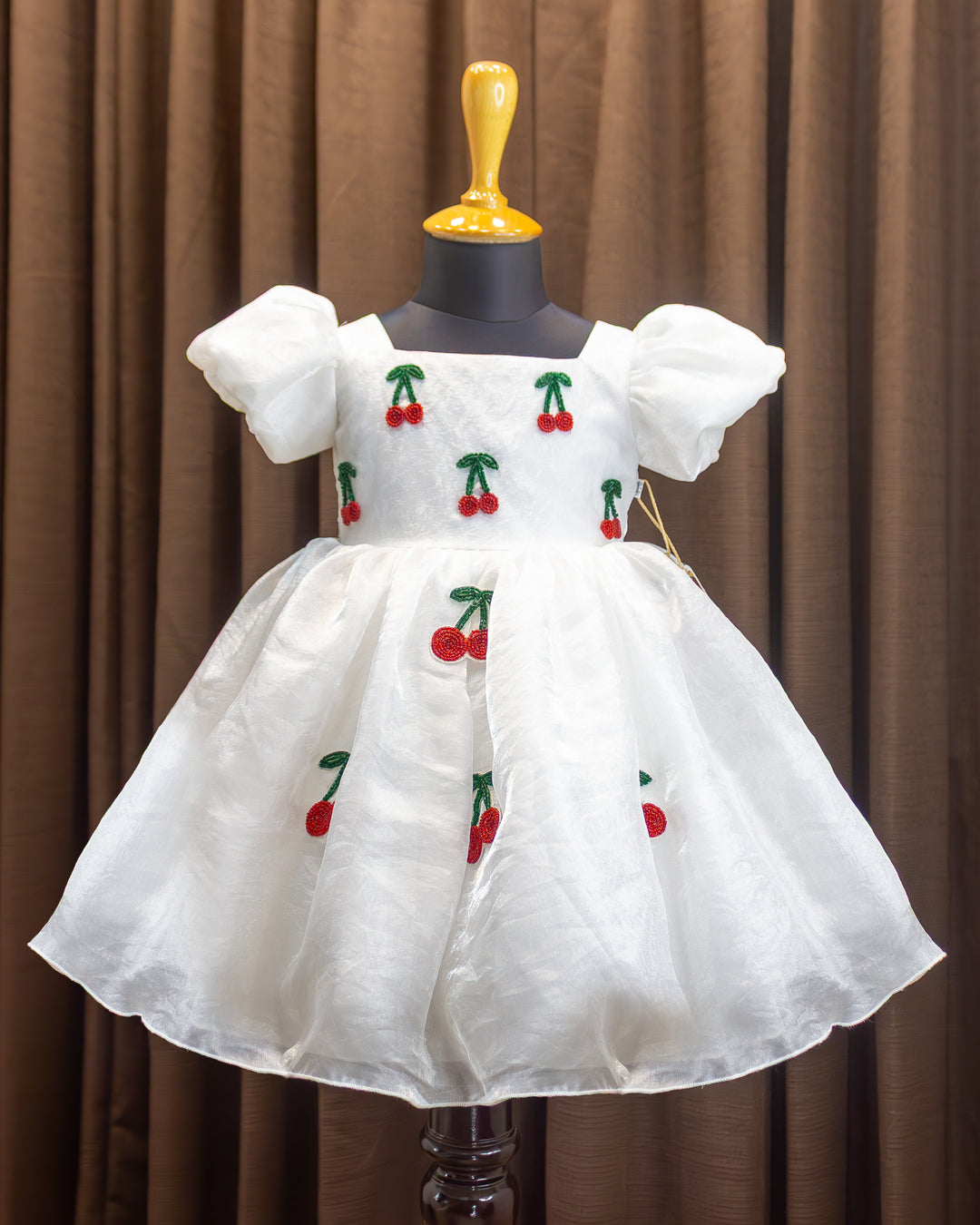 White organza cherry embroidered baby girls birthday dress, elegant partywear frock for kids, premium designer dress, Stanwells Kids