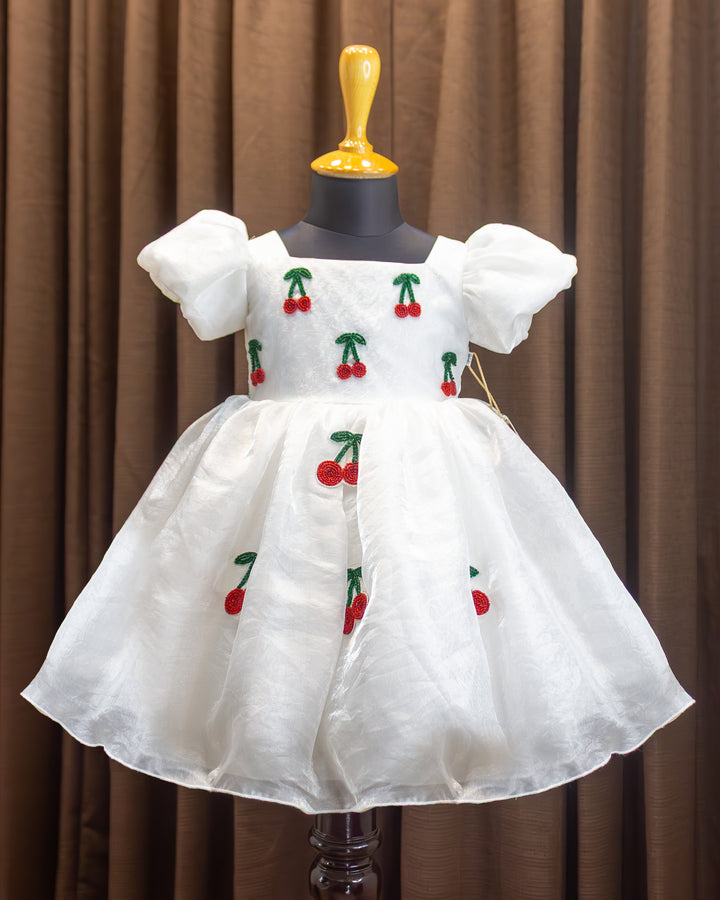 White organza cherry embroidered baby girls birthday dress, elegant partywear frock for kids, premium designer dress, Stanwells Kids