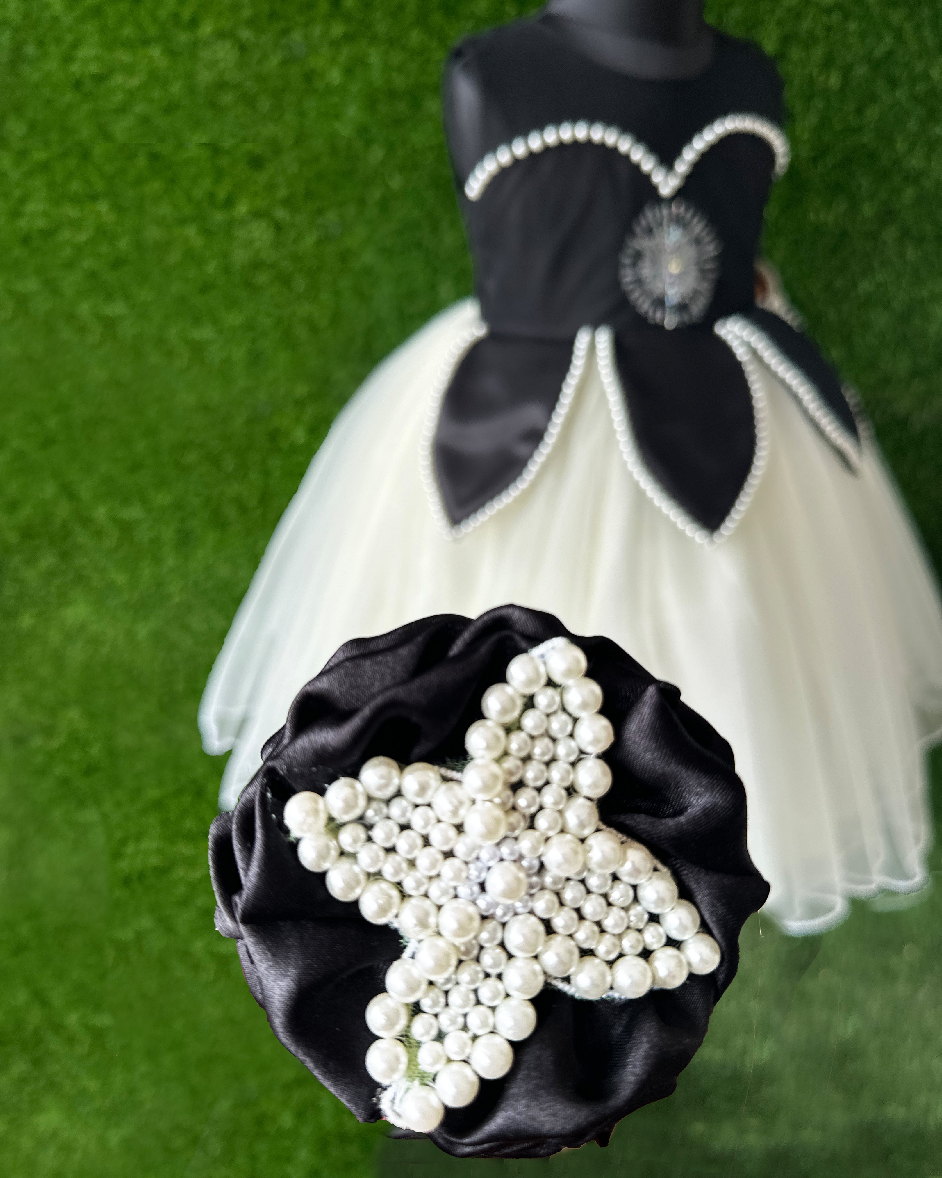 Black and White Shade Lotus Design Partywear Sleeveless Baby Girls Frock Stanwells Kids