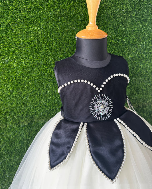 Black white lotus design frock full view – Stanwells Kids