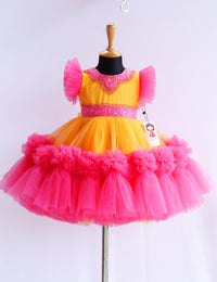 Sun Yellow & Peach Flarred Handwork Frock
