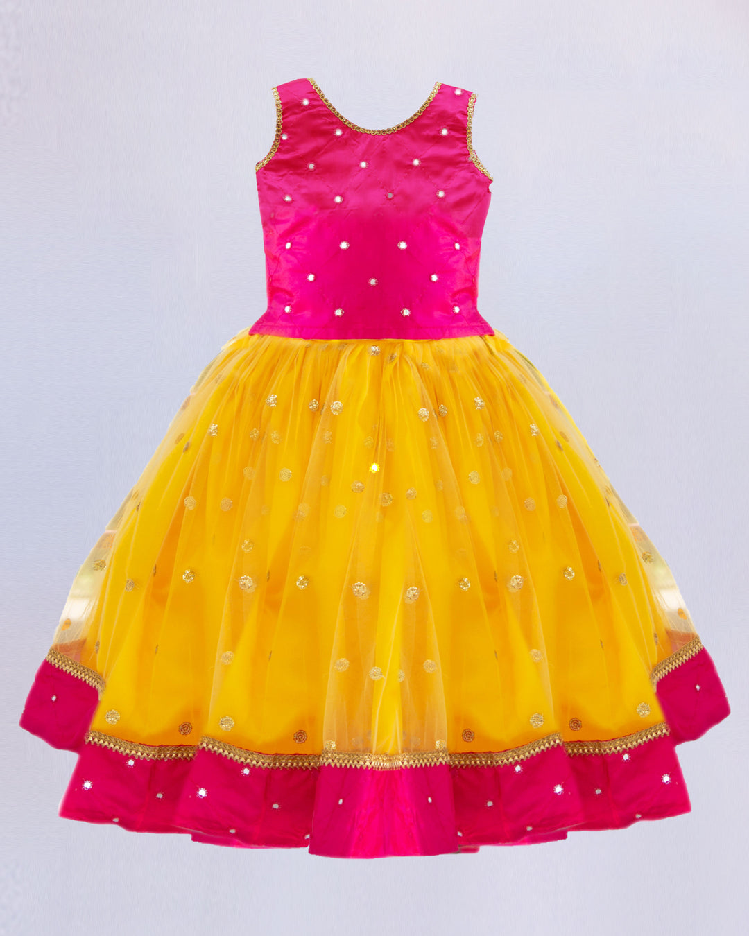 yellow and pink mirror works sequins baby girls full length lehenga choli stanwells kids pattu pavadai skirt & blouse gagra choli