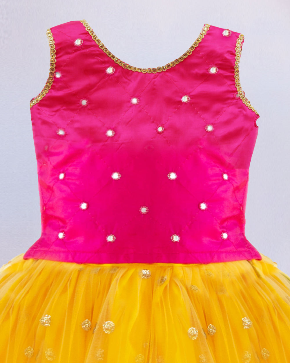 yellow and pink mirror works sequins baby girls full length lehenga choli stanwells kids pattu pavadai skirt & blouse gagra choli
