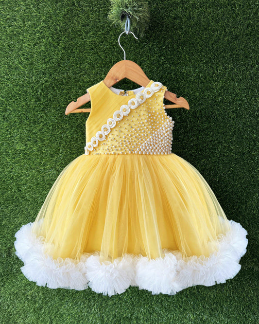 Baby yellow white pearl frock side view baby girl – Stanwells Kids