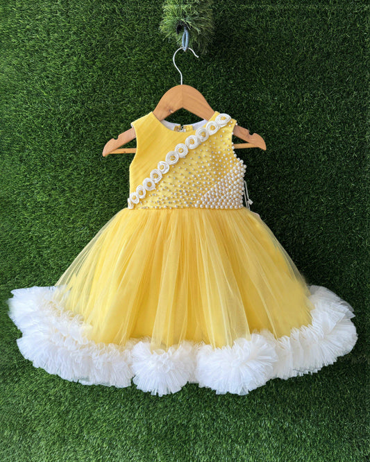 Baby yellow white pearl work flower frock front view baby girl – Stanwells Kids