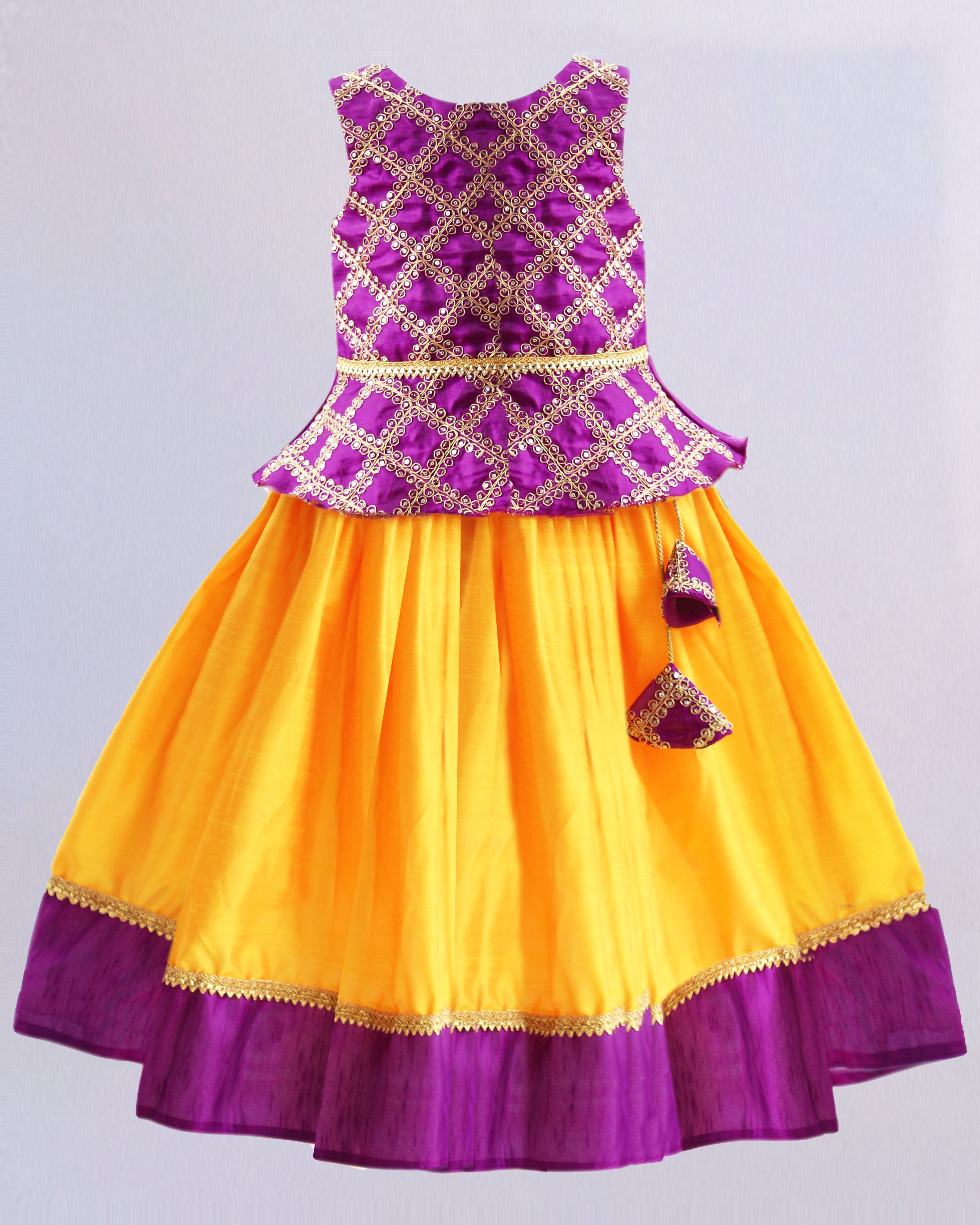 Yellow and Purple Pearl, Thread, Zardozi work with Banaras Print Crop –  Seasons Chennai