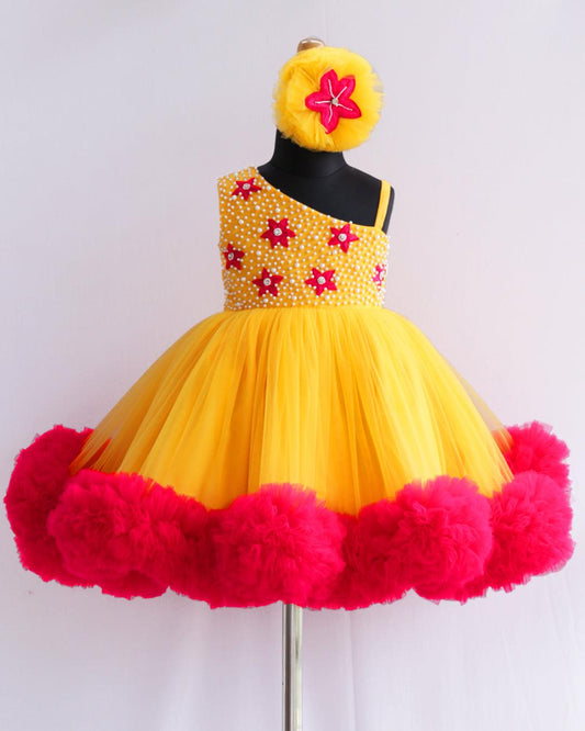 Mango Yellow & Magenta Combo Handwork Heavy Ruffles  Partywear Frock