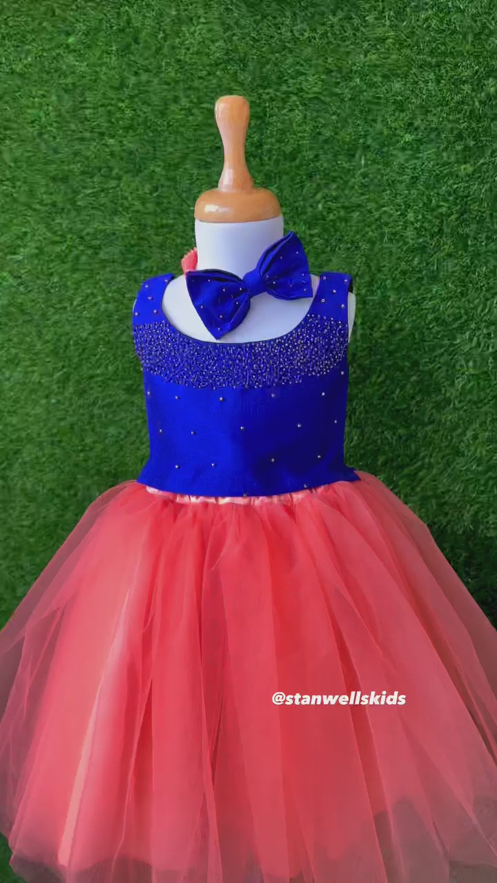 Peach & Royalblue  Short Skirt and Crop Top With Matching Hairband