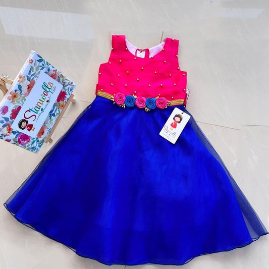Royal Blue Magenta Baby Girls Birthday Dress - A-line Designer Silk Frock