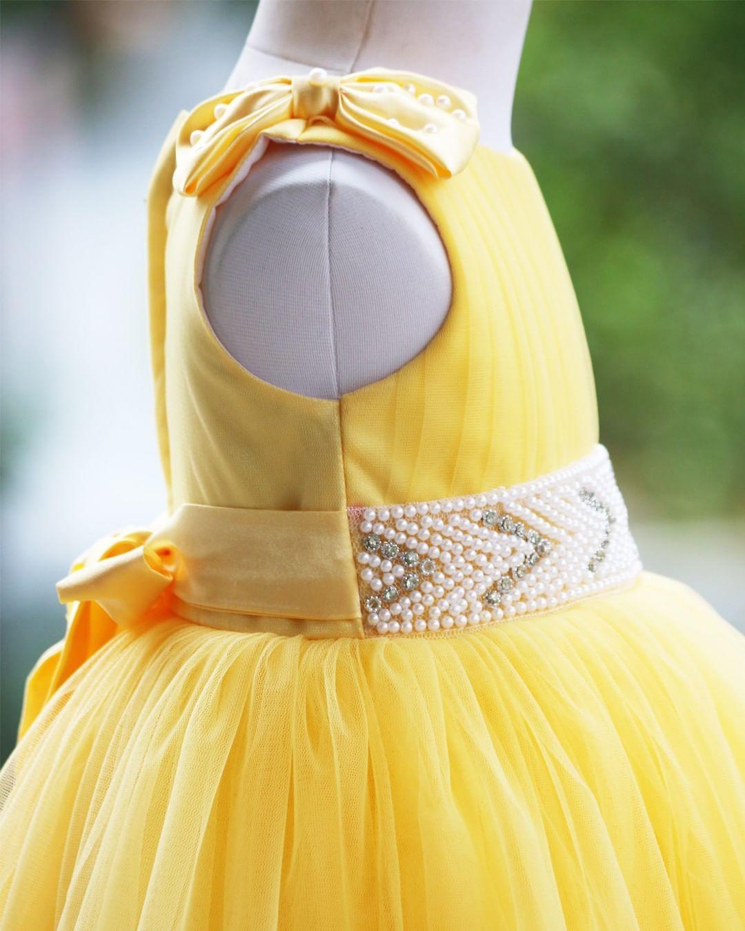 Yellow Ruffled Pleated Bow Frock - Stanwells Kids
