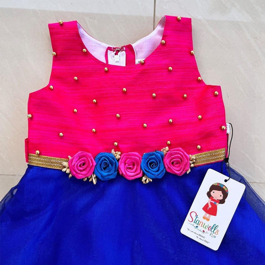 Royal Blue Magenta Baby Girls Birthday Dress - A-line Designer Silk Frock

