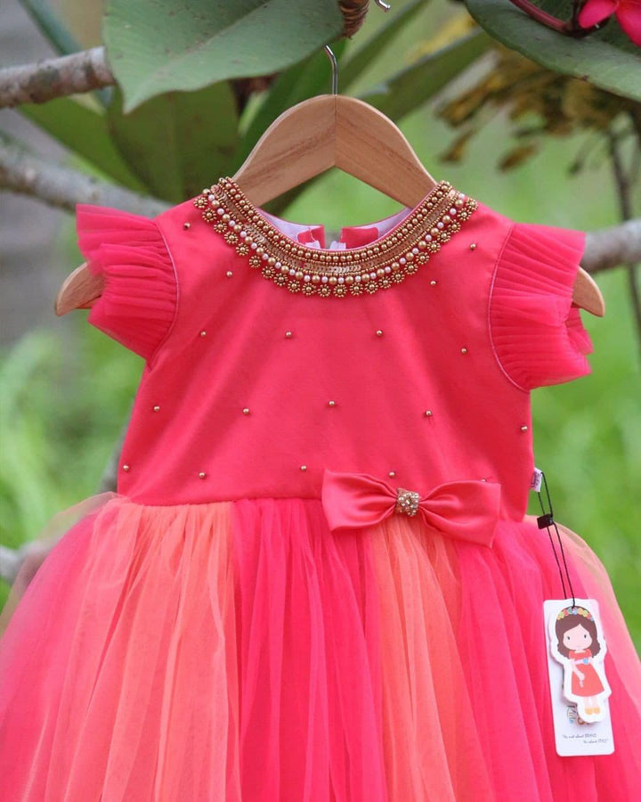 Pink & Peach Handworked Bow Frock