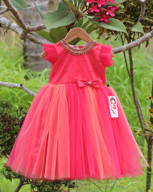 Pink peach handworked bow frock front view baby girl – Stanwells Kids