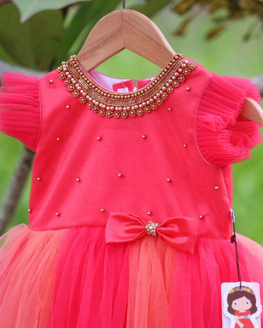 Pink peach bow frock side view baby girl – Stanwells Kids