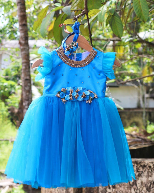 Skyblue Darkblue Baby Girls Birthday Dress - Handwork Flower Party Frock
