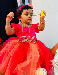 Peach & Pink combo Handwork Flower Frock