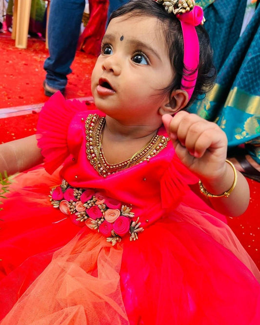 Peach Pink Baby Girls Birthday Dress - Handwork Flower Party Frock