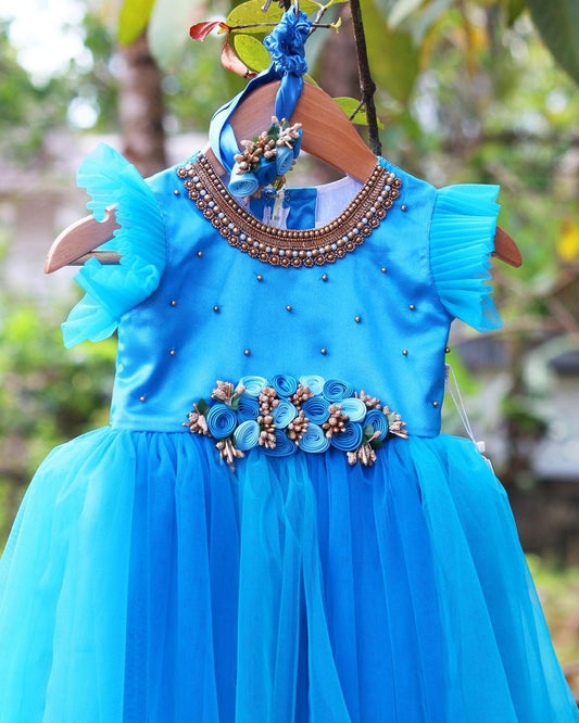 Skyblue Darkblue Baby Girls Birthday Dress - Handwork Flower Party Frock