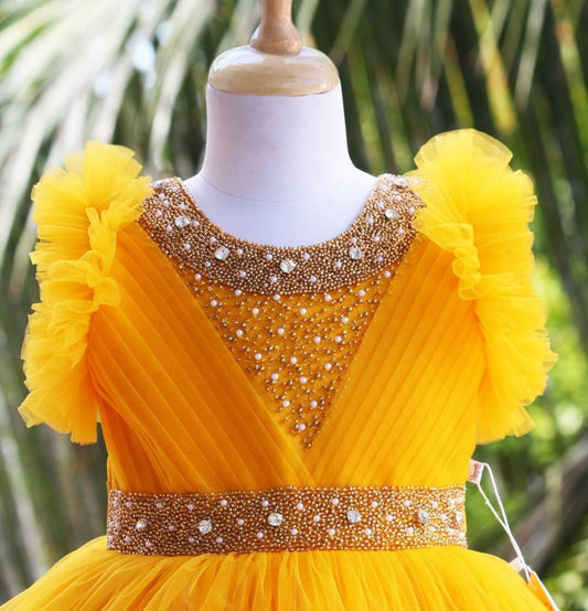 Mango Yellow Baby Girls Birthday Dress - Handwork Two Layer Ruffled Frock
