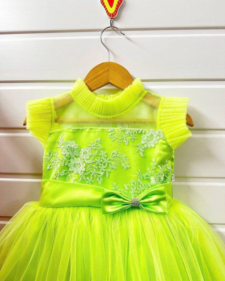 Lime Green Thread Embroidery Knee-length Frock