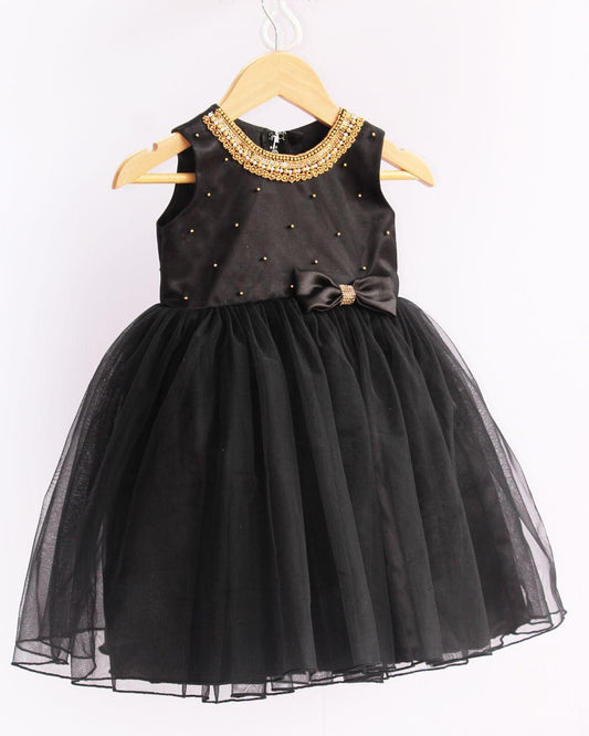 Black handwork yoke birthday frock back view – Stanwells Kids